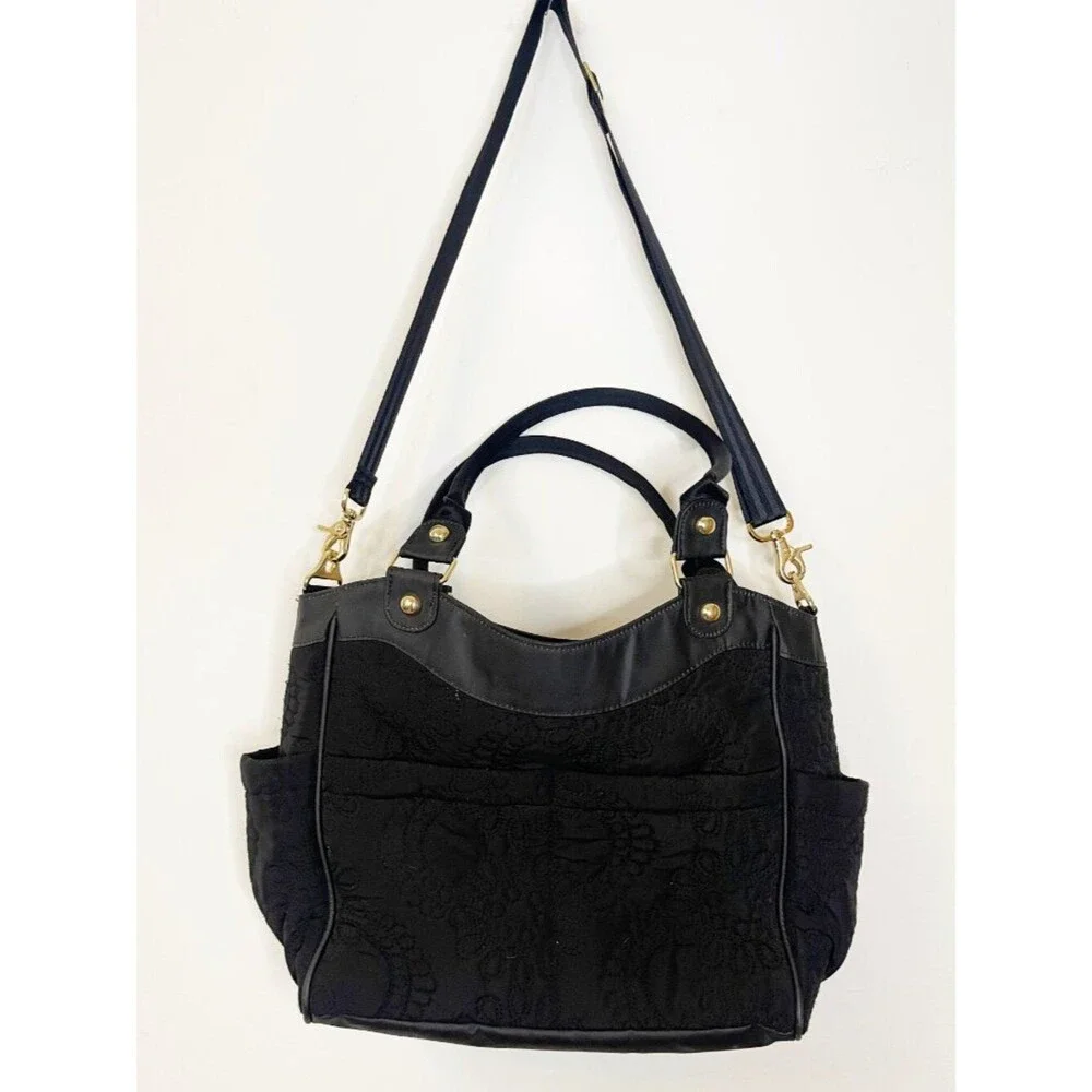 Petunia Pickle Bottom Black Embroidered Diaper Bag Convertible Tote Crossbody